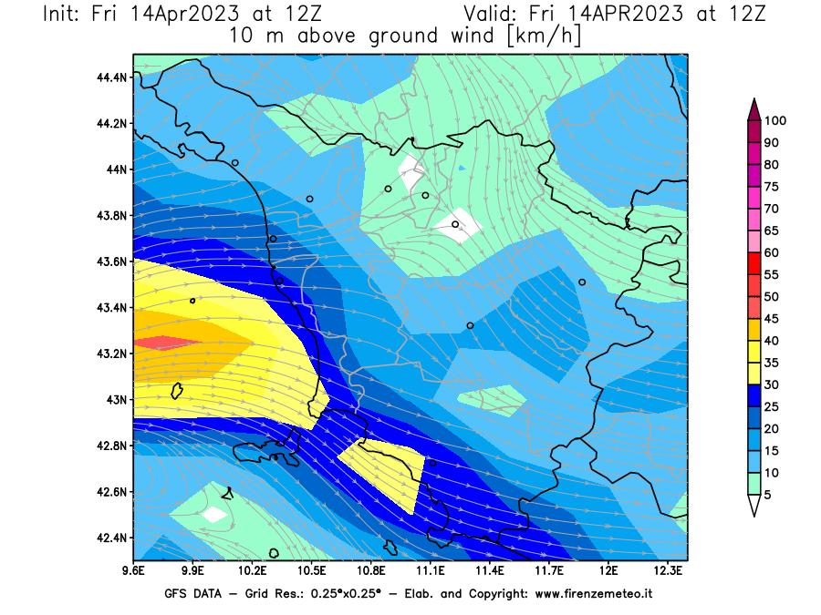 GFS analysi map - Wind Speed at 10 m above ground [km/h] in Tuscany
									on 14/04/2023 12 <!--googleoff: index-->UTC<!--googleon: index-->