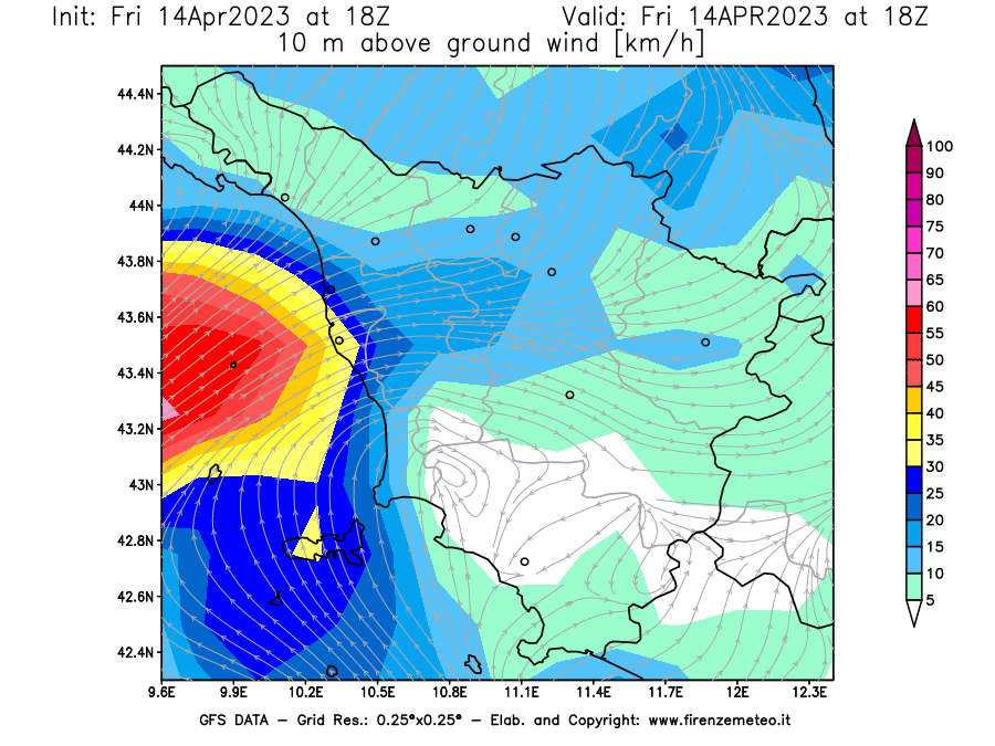 GFS analysi map - Wind Speed at 10 m above ground [km/h] in Tuscany
									on 14/04/2023 18 <!--googleoff: index-->UTC<!--googleon: index-->