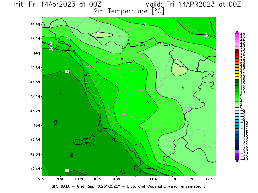 GFS analysi map - Temperature at 2 m above ground [°C] in Tuscany
									on 14/04/2023 00 <!--googleoff: index-->UTC<!--googleon: index-->
