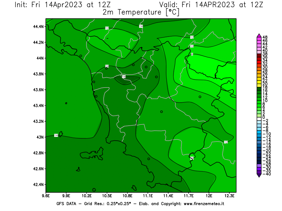 GFS analysi map - Temperature at 2 m above ground [°C] in Tuscany
									on 14/04/2023 12 <!--googleoff: index-->UTC<!--googleon: index-->