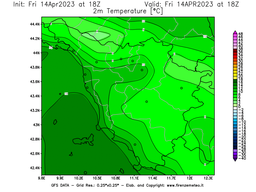 GFS analysi map - Temperature at 2 m above ground [°C] in Tuscany
									on 14/04/2023 18 <!--googleoff: index-->UTC<!--googleon: index-->