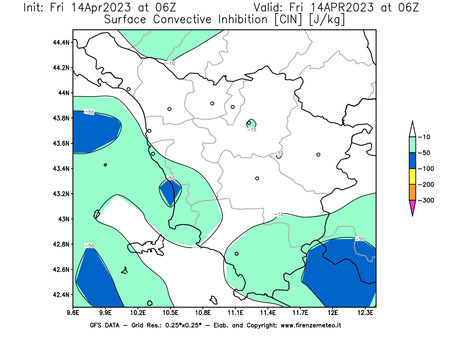 GFS analysi map - CIN [J/kg] in Tuscany
									on 14/04/2023 06 <!--googleoff: index-->UTC<!--googleon: index-->