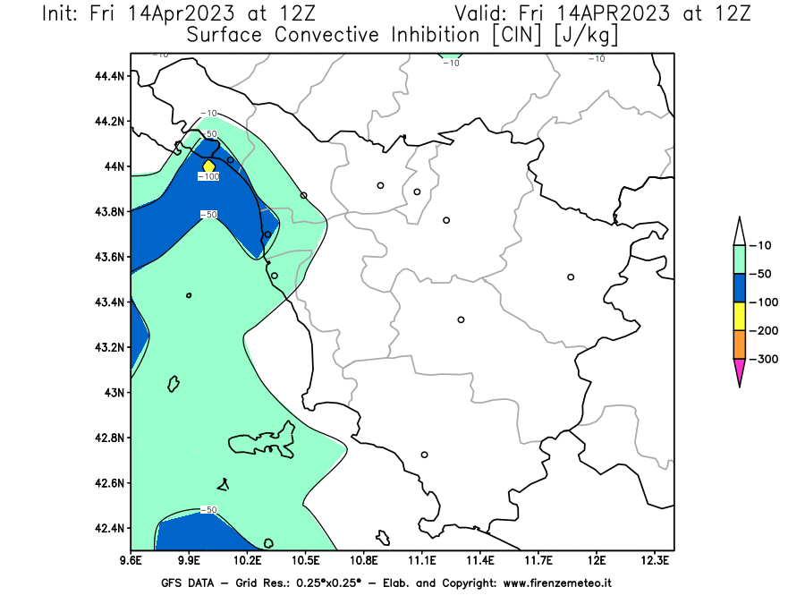 GFS analysi map - CIN [J/kg] in Tuscany
									on 14/04/2023 12 <!--googleoff: index-->UTC<!--googleon: index-->