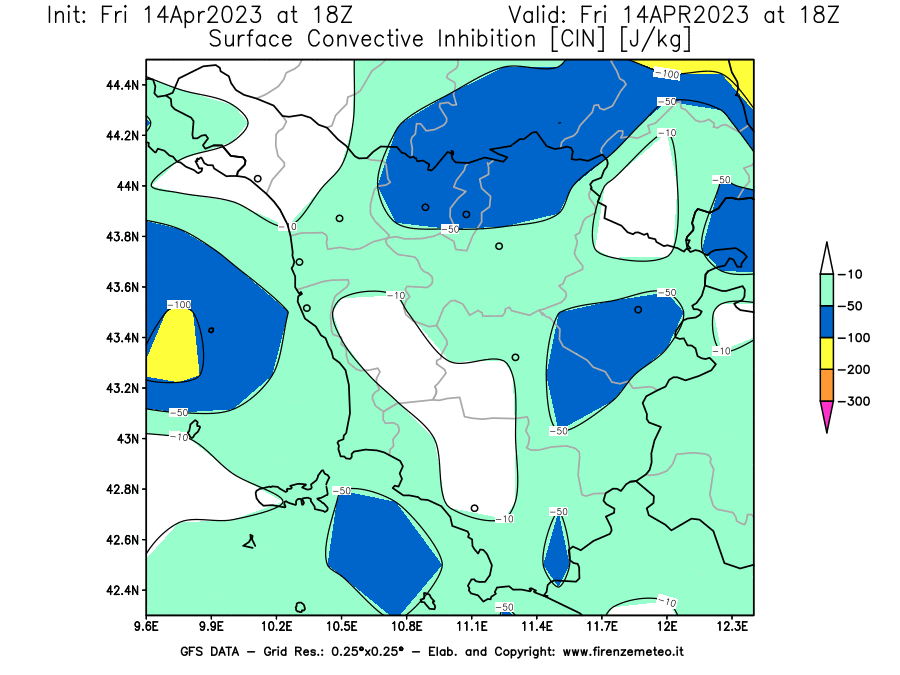GFS analysi map - CIN [J/kg] in Tuscany
									on 14/04/2023 18 <!--googleoff: index-->UTC<!--googleon: index-->