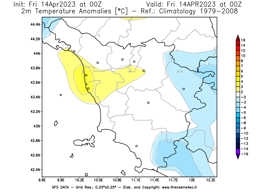GFS analysi map - Temperature Anomalies [°C] at 2 m in Tuscany
									on 14/04/2023 00 <!--googleoff: index-->UTC<!--googleon: index-->