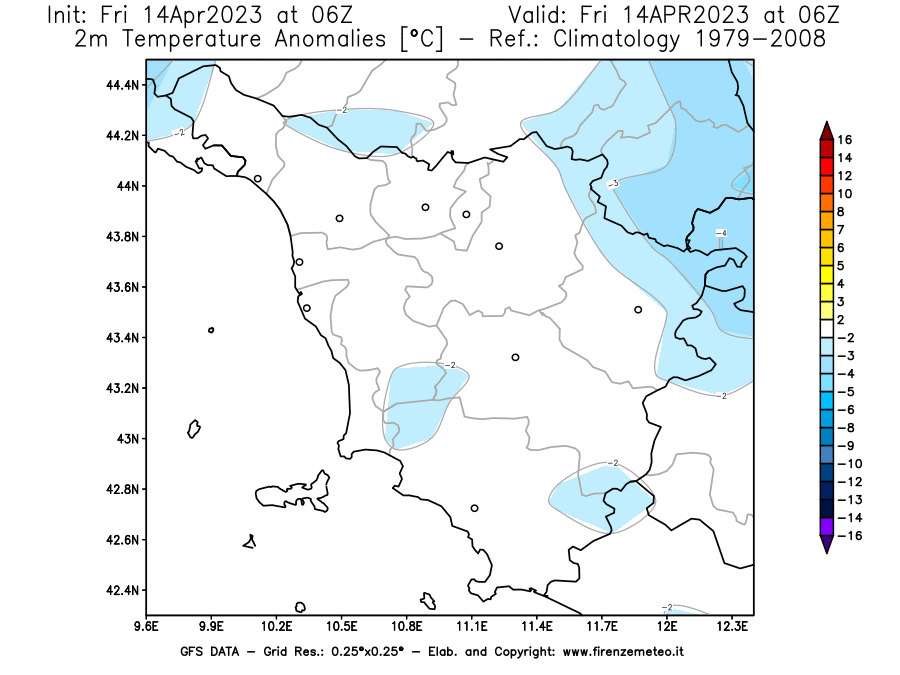 GFS analysi map - Temperature Anomalies [°C] at 2 m in Tuscany
									on 14/04/2023 06 <!--googleoff: index-->UTC<!--googleon: index-->