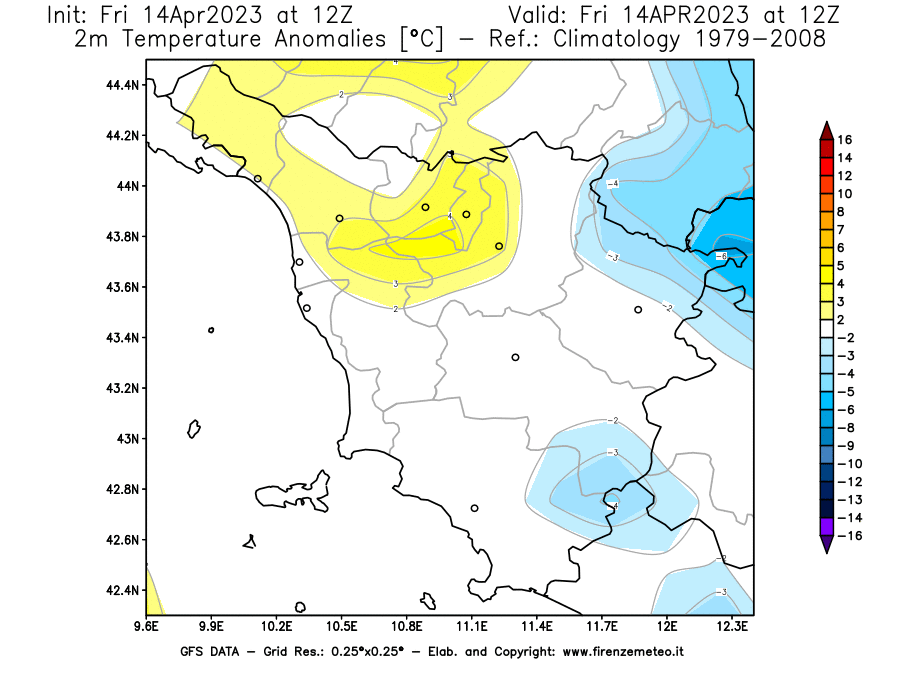 GFS analysi map - Temperature Anomalies [°C] at 2 m in Tuscany
									on 14/04/2023 12 <!--googleoff: index-->UTC<!--googleon: index-->