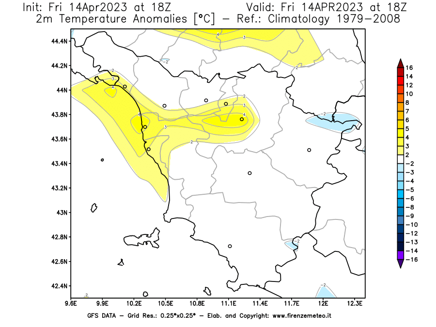 GFS analysi map - Temperature Anomalies [°C] at 2 m in Tuscany
									on 14/04/2023 18 <!--googleoff: index-->UTC<!--googleon: index-->