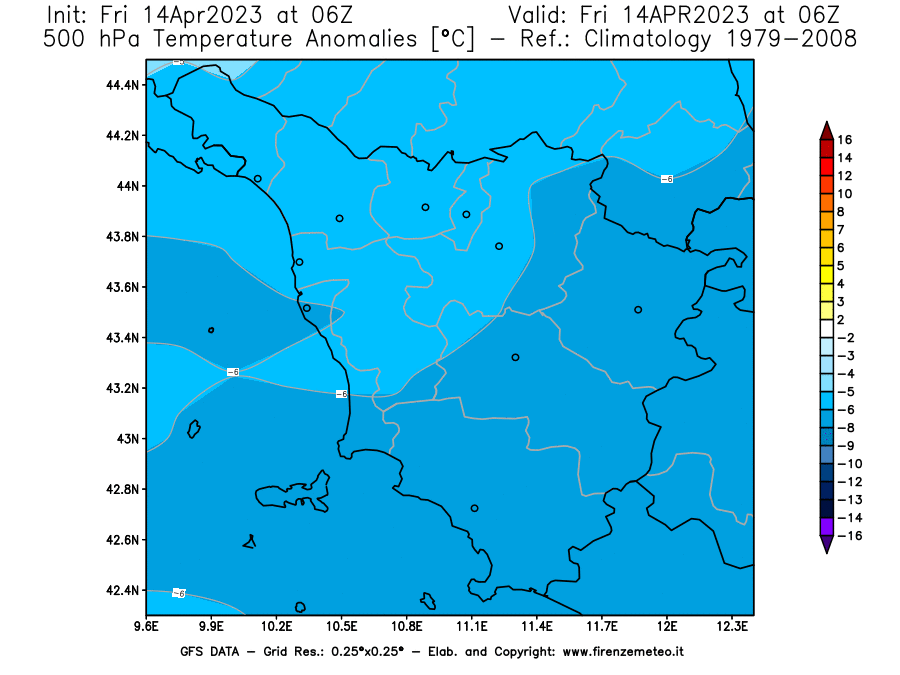 GFS analysi map - Temperature Anomalies [°C] at 500 hPa in Tuscany
									on 14/04/2023 06 <!--googleoff: index-->UTC<!--googleon: index-->