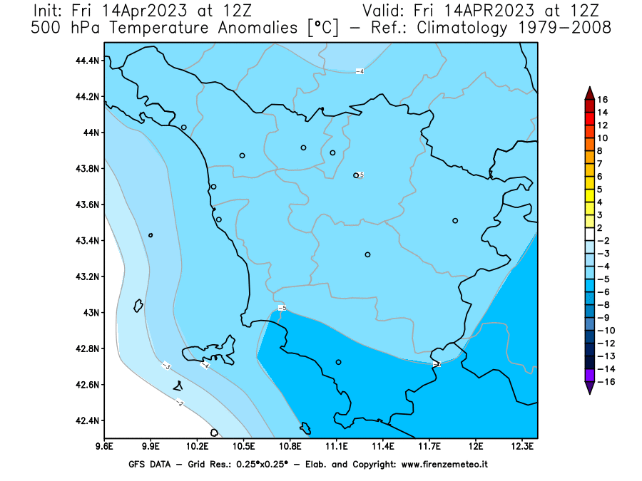 GFS analysi map - Temperature Anomalies [°C] at 500 hPa in Tuscany
									on 14/04/2023 12 <!--googleoff: index-->UTC<!--googleon: index-->