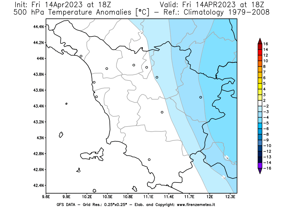 GFS analysi map - Temperature Anomalies [°C] at 500 hPa in Tuscany
									on 14/04/2023 18 <!--googleoff: index-->UTC<!--googleon: index-->