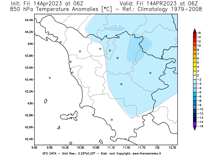 GFS analysi map - Temperature Anomalies [°C] at 850 hPa in Tuscany
									on 14/04/2023 06 <!--googleoff: index-->UTC<!--googleon: index-->