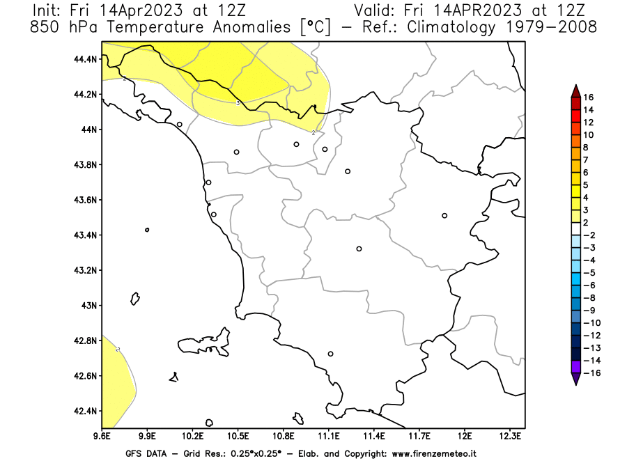 GFS analysi map - Temperature Anomalies [°C] at 850 hPa in Tuscany
									on 14/04/2023 12 <!--googleoff: index-->UTC<!--googleon: index-->