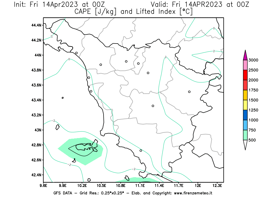 GFS analysi map - CAPE [J/kg] and Lifted Index [°C] in Tuscany
									on 14/04/2023 00 <!--googleoff: index-->UTC<!--googleon: index-->