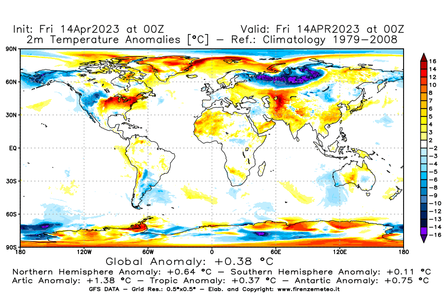 GFS analysi map - Temperature Anomalies [°C] at 2 m in World
									on 14/04/2023 00 <!--googleoff: index-->UTC<!--googleon: index-->