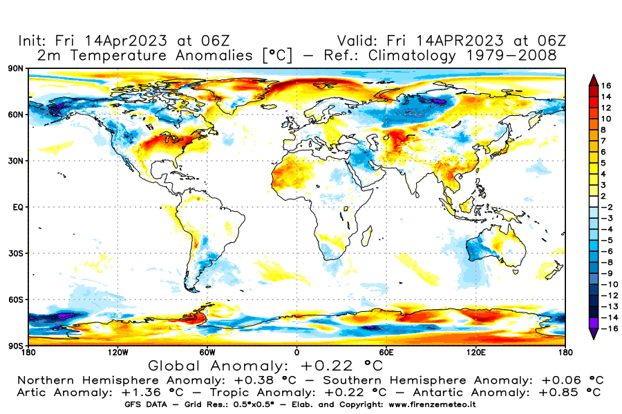 GFS analysi map - Temperature Anomalies [°C] at 2 m in World
									on 14/04/2023 06 <!--googleoff: index-->UTC<!--googleon: index-->