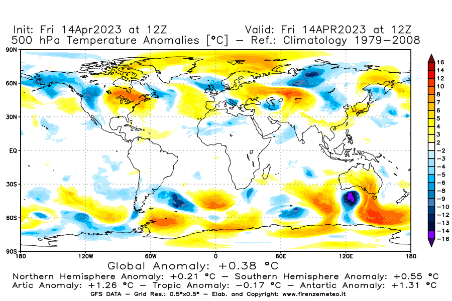 GFS analysi map - Temperature Anomalies [°C] at 500 hPa in World
									on 14/04/2023 12 <!--googleoff: index-->UTC<!--googleon: index-->
