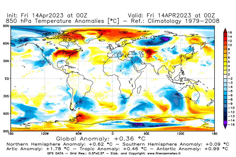 GFS analysi map - Temperature Anomalies [°C] at 850 hPa in World
									on 14/04/2023 00 <!--googleoff: index-->UTC<!--googleon: index-->