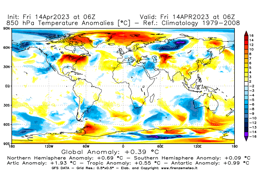 GFS analysi map - Temperature Anomalies [°C] at 850 hPa in World
									on 14/04/2023 06 <!--googleoff: index-->UTC<!--googleon: index-->