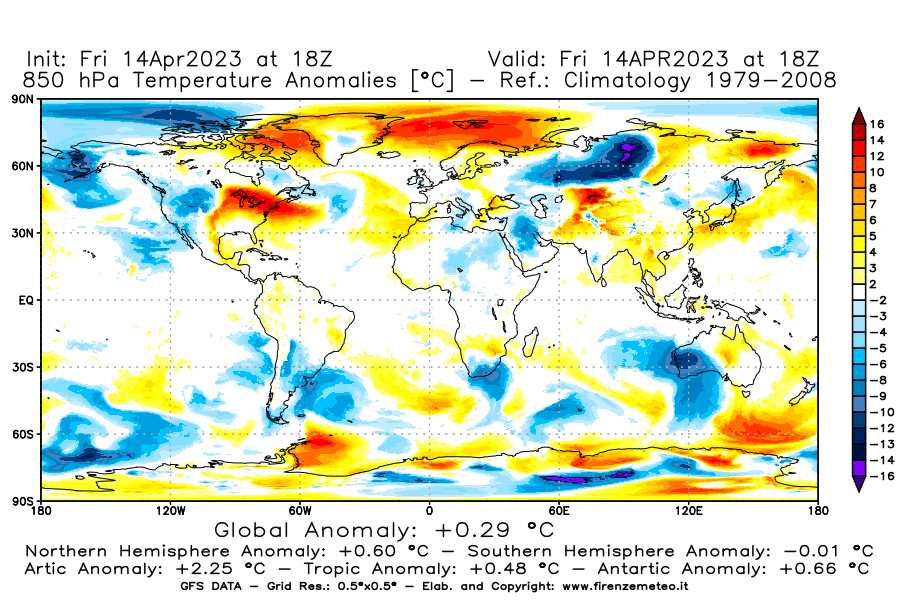 GFS analysi map - Temperature Anomalies [°C] at 850 hPa in World
									on 14/04/2023 18 <!--googleoff: index-->UTC<!--googleon: index-->