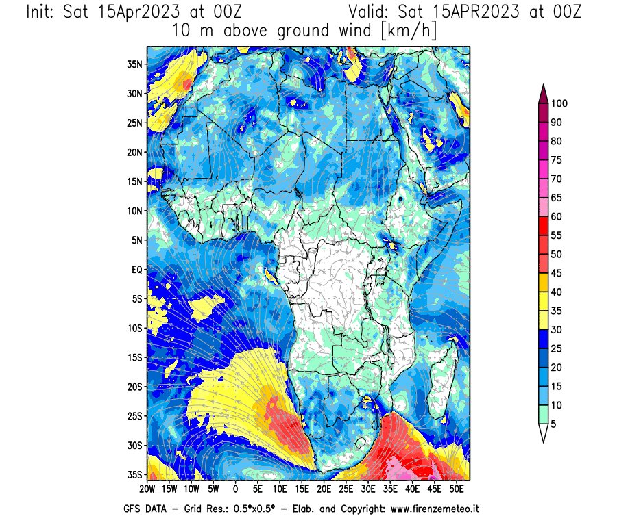GFS analysi map - Wind Speed at 10 m above ground [km/h] in Africa
									on 15/04/2023 00 <!--googleoff: index-->UTC<!--googleon: index-->