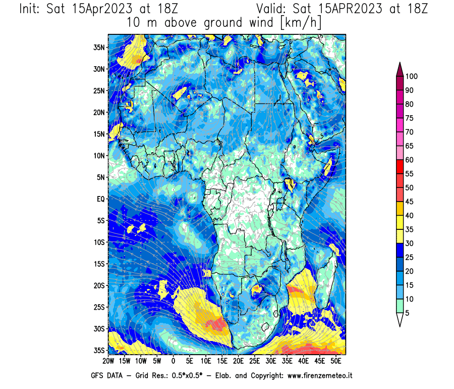Mappa di analisi GFS - Velocità del vento a 10 metri dal suolo [km/h] in Africa
							del 15/04/2023 18 <!--googleoff: index-->UTC<!--googleon: index-->