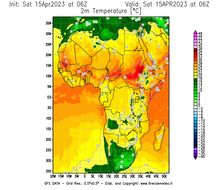 Mappa di analisi GFS - Temperatura a 2 metri dal suolo [°C] in Africa
							del 15/04/2023 06 <!--googleoff: index-->UTC<!--googleon: index-->