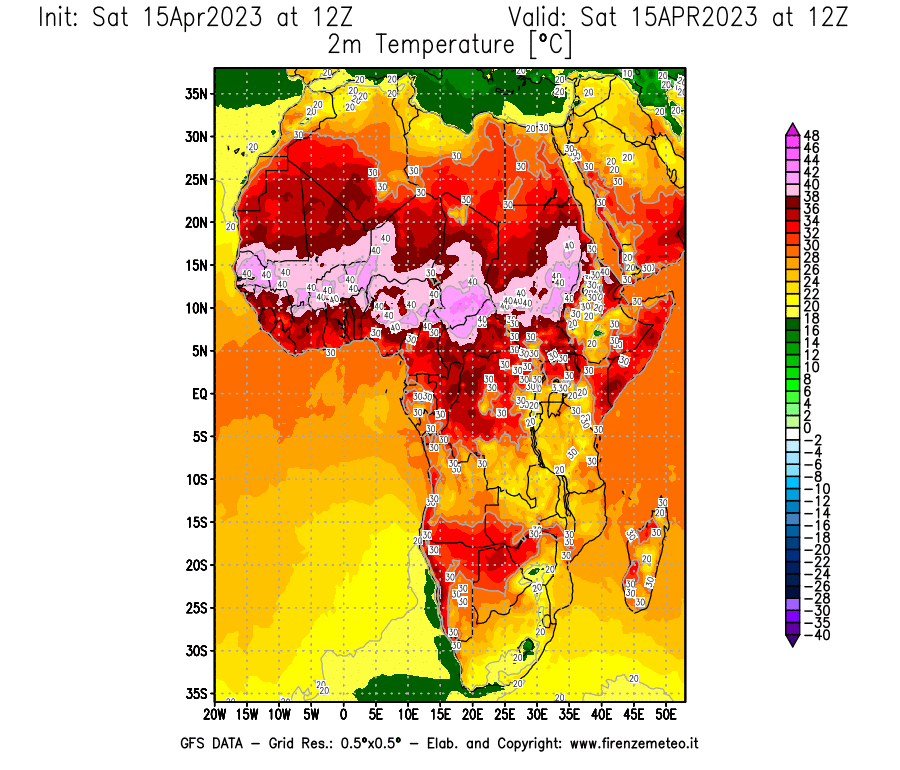 Mappa di analisi GFS - Temperatura a 2 metri dal suolo [°C] in Africa
							del 15/04/2023 12 <!--googleoff: index-->UTC<!--googleon: index-->