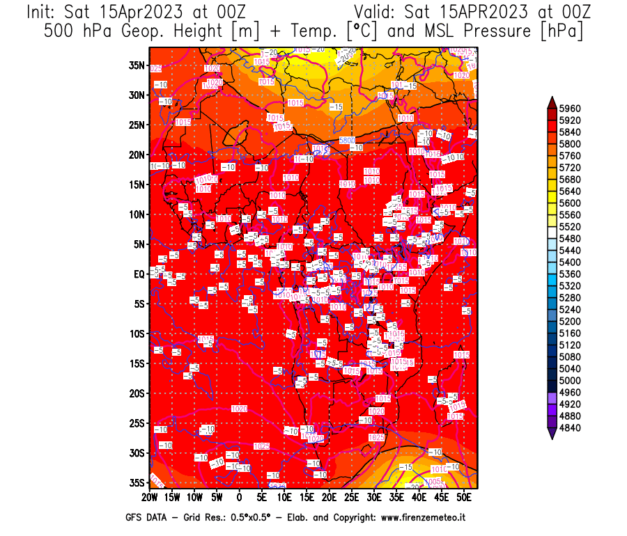 GFS analysi map - Geopotential [m] + Temp. [°C] at 500 hPa + Sea Level Pressure [hPa] in Africa
									on 15/04/2023 00 <!--googleoff: index-->UTC<!--googleon: index-->