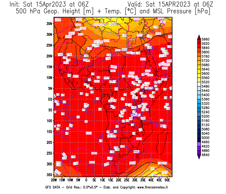 GFS analysi map - Geopotential [m] + Temp. [°C] at 500 hPa + Sea Level Pressure [hPa] in Africa
									on 15/04/2023 06 <!--googleoff: index-->UTC<!--googleon: index-->
