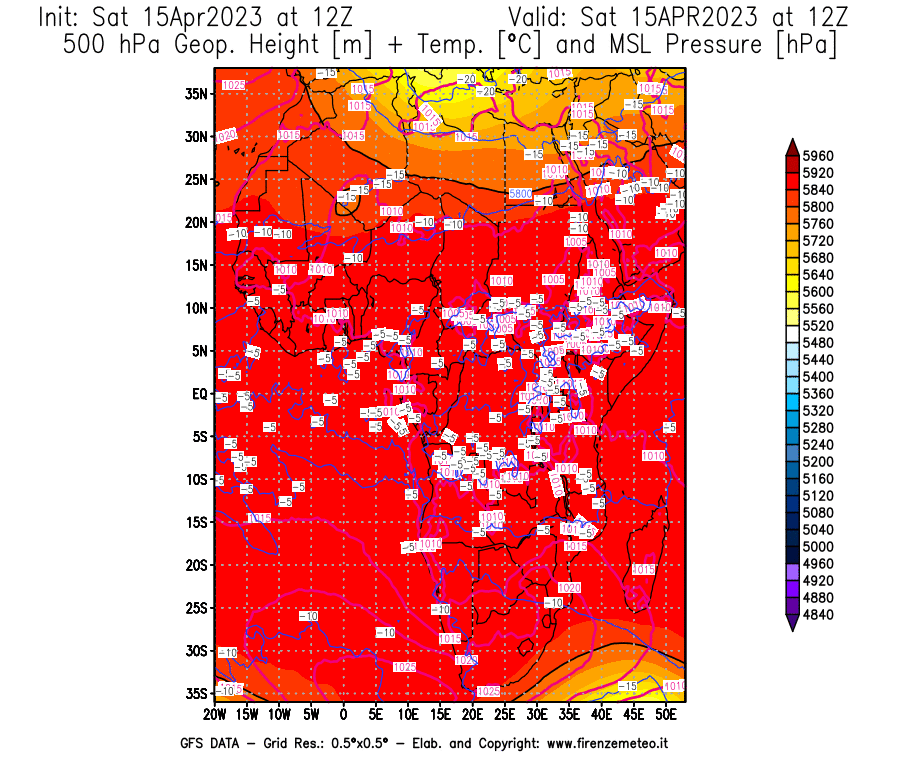 GFS analysi map - Geopotential [m] + Temp. [°C] at 500 hPa + Sea Level Pressure [hPa] in Africa
									on 15/04/2023 12 <!--googleoff: index-->UTC<!--googleon: index-->