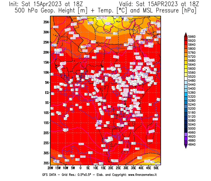 Mappa di analisi GFS - Geopotenziale [m] + Temp. [°C] a 500 hPa + Press. a livello del mare [hPa] in Africa
							del 15/04/2023 18 <!--googleoff: index-->UTC<!--googleon: index-->