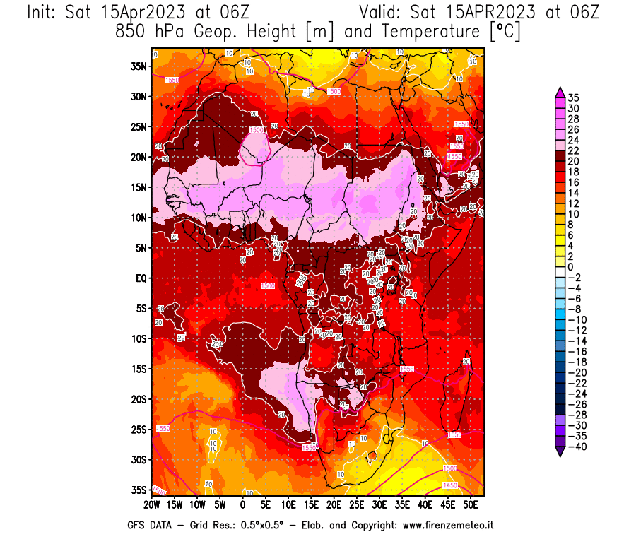 GFS analysi map - Geopotential [m] and Temperature [°C] at 850 hPa in Africa
									on 15/04/2023 06 <!--googleoff: index-->UTC<!--googleon: index-->
