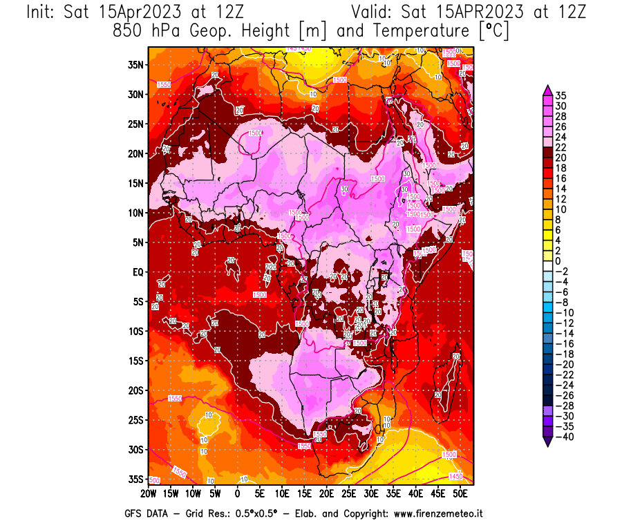 GFS analysi map - Geopotential [m] and Temperature [°C] at 850 hPa in Africa
									on 15/04/2023 12 <!--googleoff: index-->UTC<!--googleon: index-->