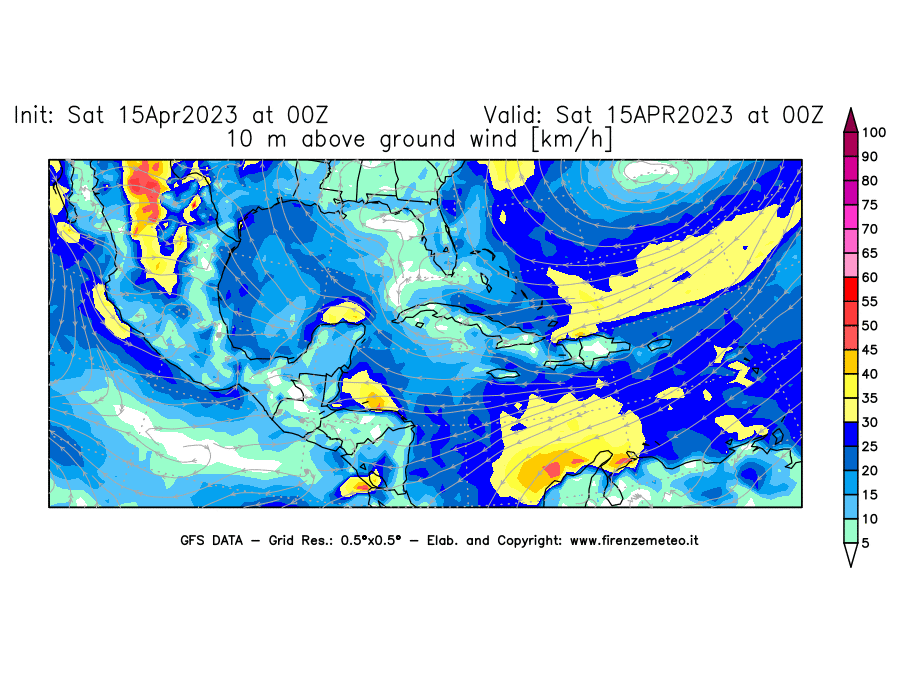 Mappa di analisi GFS - Velocità del vento a 10 metri dal suolo [km/h] in Centro-America
							del 15/04/2023 00 <!--googleoff: index-->UTC<!--googleon: index-->