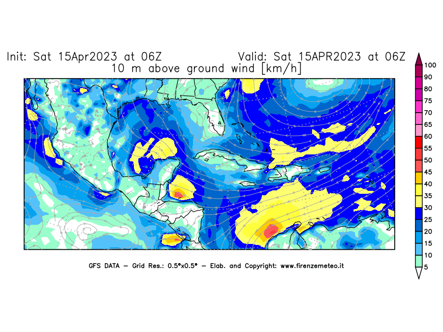 Mappa di analisi GFS - Velocità del vento a 10 metri dal suolo [km/h] in Centro-America
							del 15/04/2023 06 <!--googleoff: index-->UTC<!--googleon: index-->