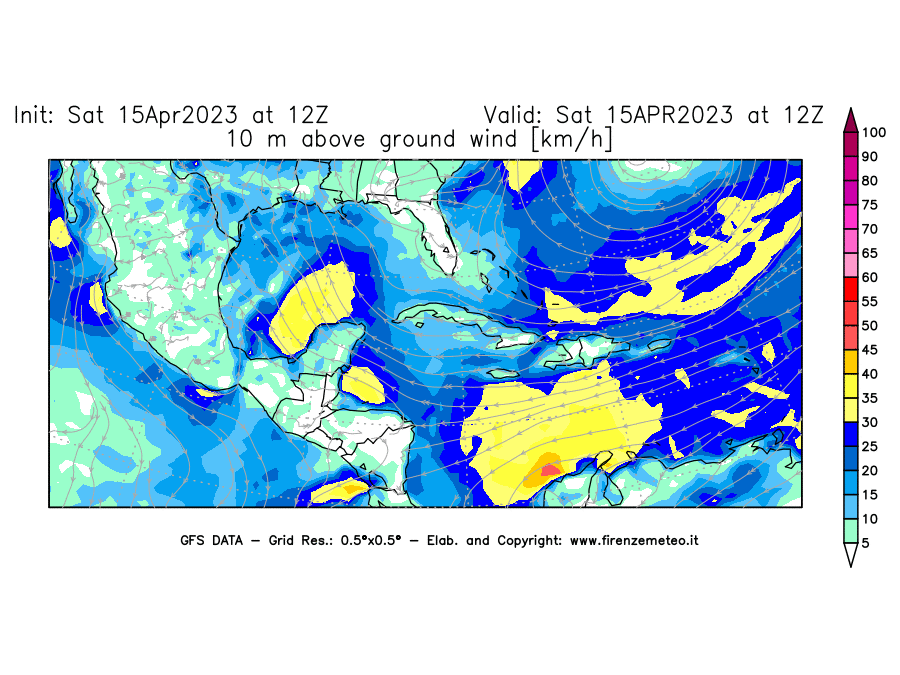 Mappa di analisi GFS - Velocità del vento a 10 metri dal suolo [km/h] in Centro-America
							del 15/04/2023 12 <!--googleoff: index-->UTC<!--googleon: index-->