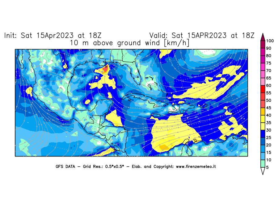 Mappa di analisi GFS - Velocità del vento a 10 metri dal suolo [km/h] in Centro-America
							del 15/04/2023 18 <!--googleoff: index-->UTC<!--googleon: index-->