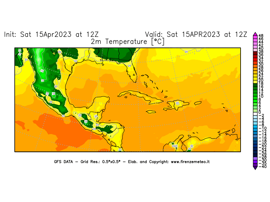 GFS analysi map - Temperature at 2 m above ground [°C] in Central America
									on 15/04/2023 12 <!--googleoff: index-->UTC<!--googleon: index-->