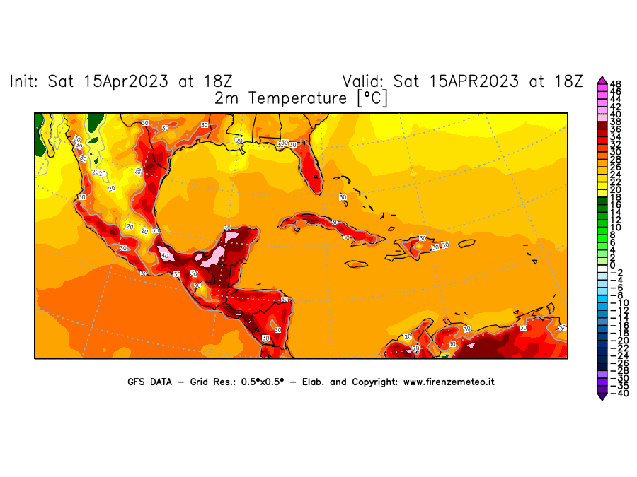 Mappa di analisi GFS - Temperatura a 2 metri dal suolo [°C] in Centro-America
							del 15/04/2023 18 <!--googleoff: index-->UTC<!--googleon: index-->