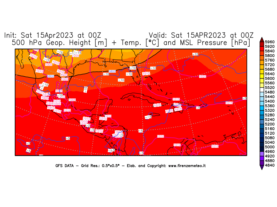 GFS analysi map - Geopotential [m] + Temp. [°C] at 500 hPa + Sea Level Pressure [hPa] in Central America
									on 15/04/2023 00 <!--googleoff: index-->UTC<!--googleon: index-->
