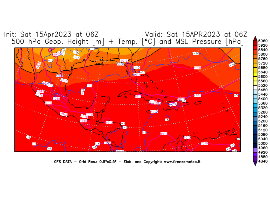 GFS analysi map - Geopotential [m] + Temp. [°C] at 500 hPa + Sea Level Pressure [hPa] in Central America
									on 15/04/2023 06 <!--googleoff: index-->UTC<!--googleon: index-->