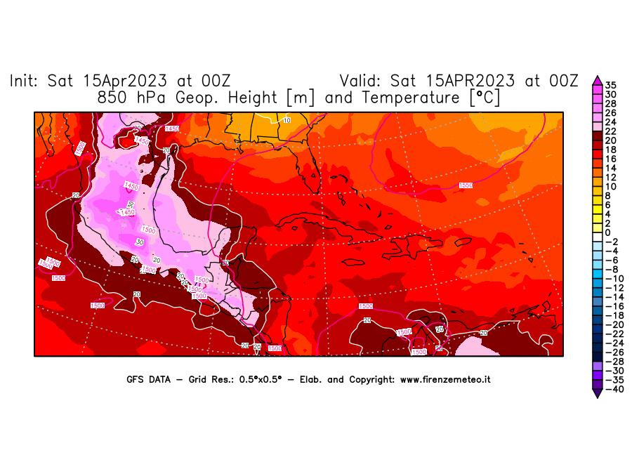 Mappa di analisi GFS - Geopotenziale [m] e Temperatura [°C] a 850 hPa in Centro-America
							del 15/04/2023 00 <!--googleoff: index-->UTC<!--googleon: index-->