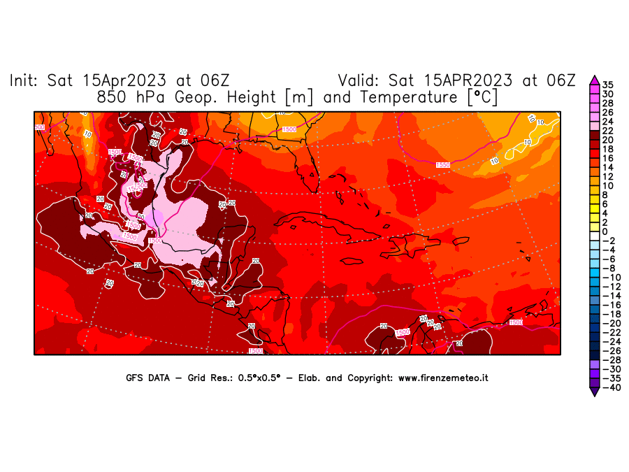 Mappa di analisi GFS - Geopotenziale [m] e Temperatura [°C] a 850 hPa in Centro-America
							del 15/04/2023 06 <!--googleoff: index-->UTC<!--googleon: index-->
