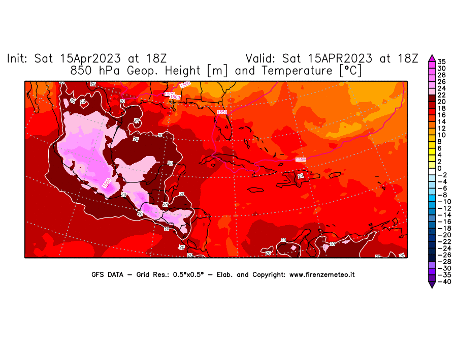 GFS analysi map - Geopotential [m] and Temperature [°C] at 850 hPa in Central America
									on 15/04/2023 18 <!--googleoff: index-->UTC<!--googleon: index-->