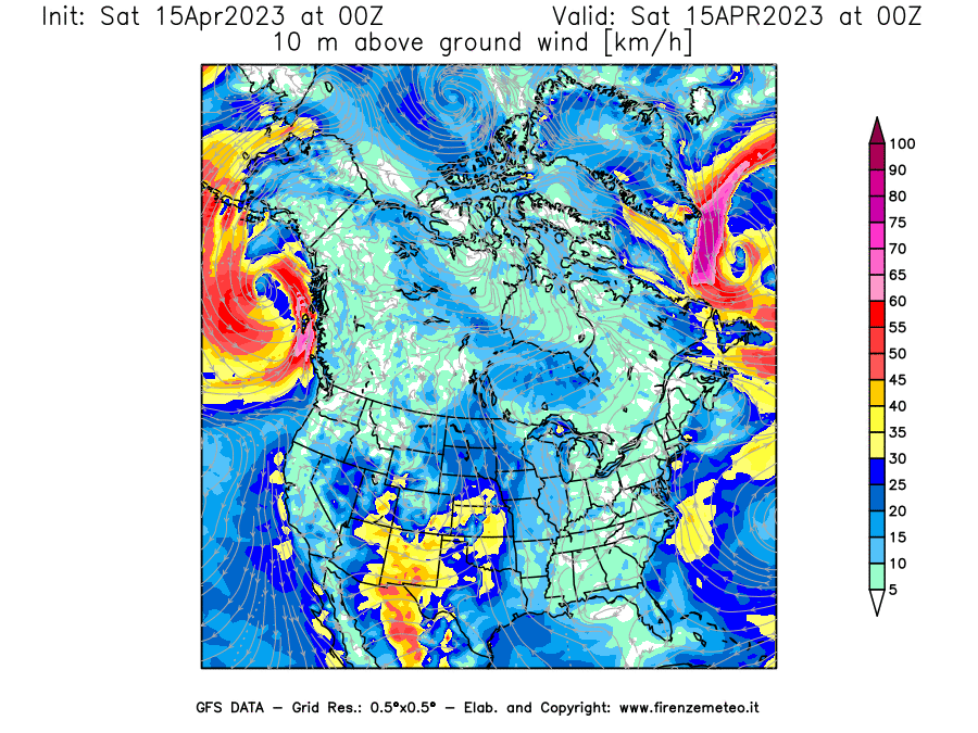 Mappa di analisi GFS - Velocità del vento a 10 metri dal suolo [km/h] in Nord-America
							del 15/04/2023 00 <!--googleoff: index-->UTC<!--googleon: index-->