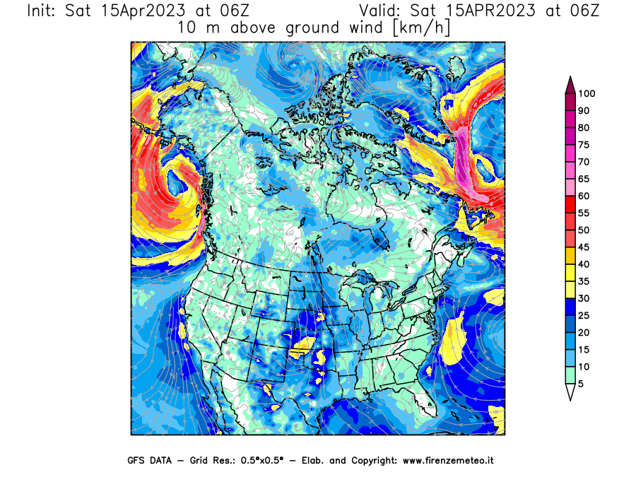 Mappa di analisi GFS - Velocità del vento a 10 metri dal suolo [km/h] in Nord-America
							del 15/04/2023 06 <!--googleoff: index-->UTC<!--googleon: index-->