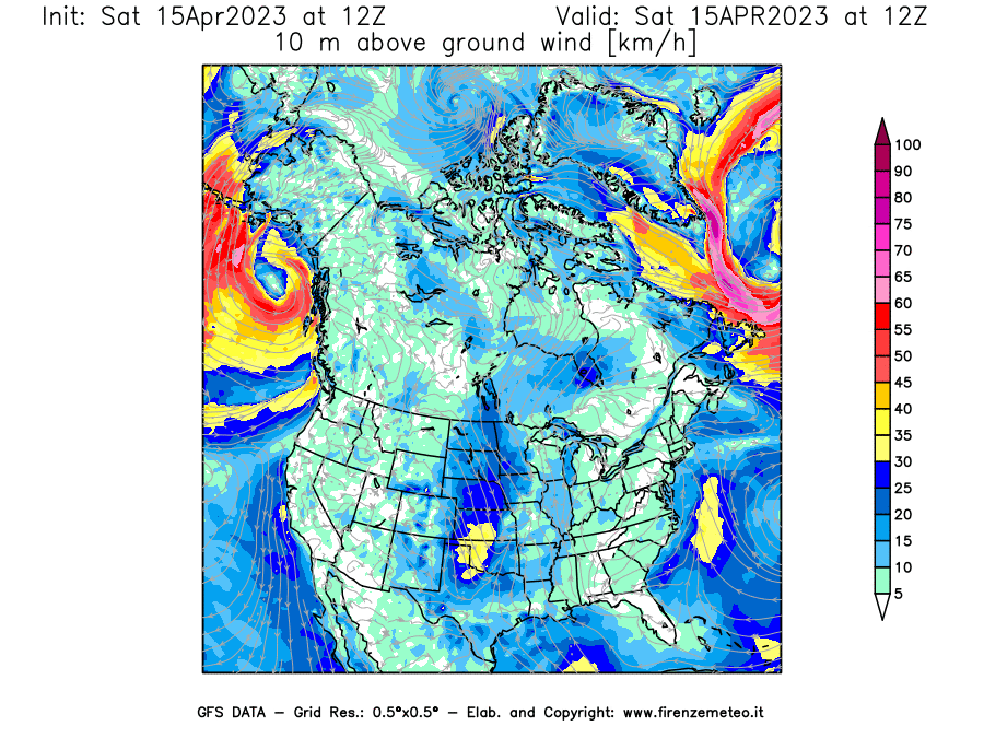 Mappa di analisi GFS - Velocità del vento a 10 metri dal suolo [km/h] in Nord-America
							del 15/04/2023 12 <!--googleoff: index-->UTC<!--googleon: index-->