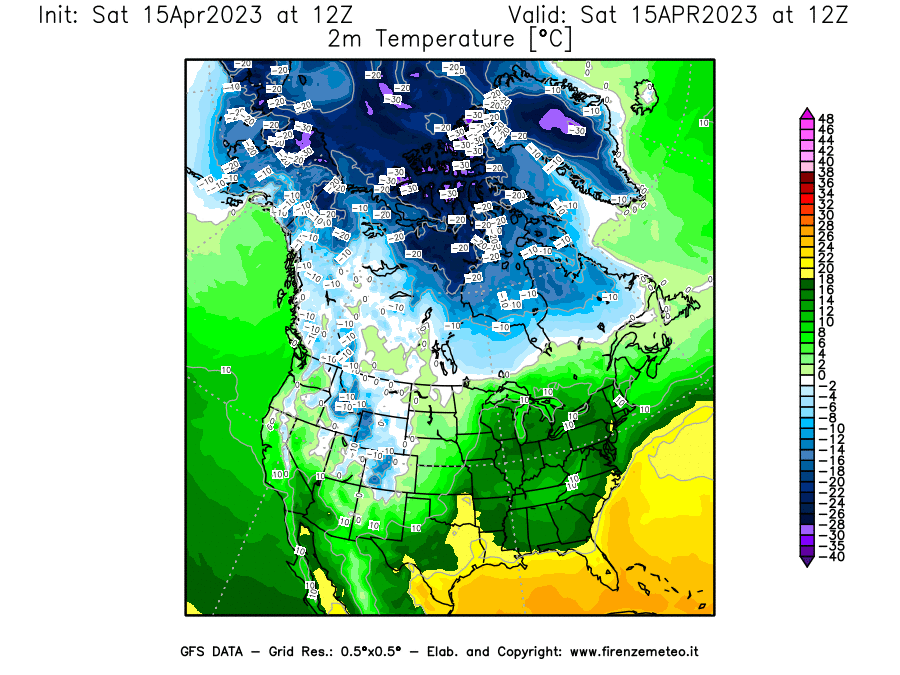 GFS analysi map - Temperature at 2 m above ground [°C] in North America
									on 15/04/2023 12 <!--googleoff: index-->UTC<!--googleon: index-->