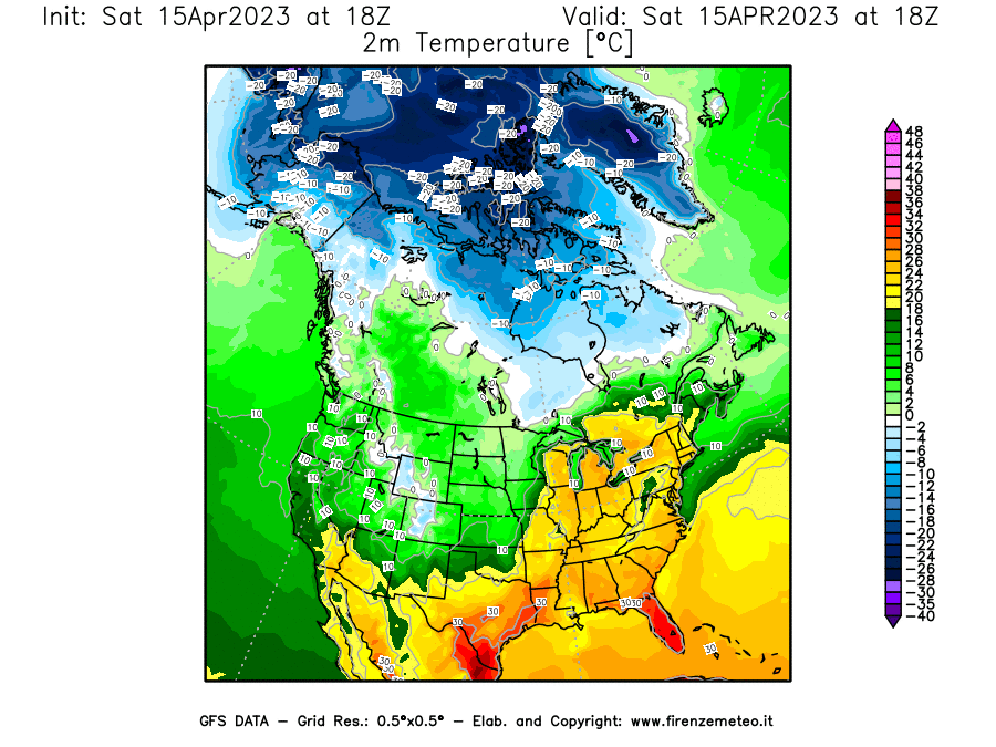 Mappa di analisi GFS - Temperatura a 2 metri dal suolo [°C] in Nord-America
							del 15/04/2023 18 <!--googleoff: index-->UTC<!--googleon: index-->